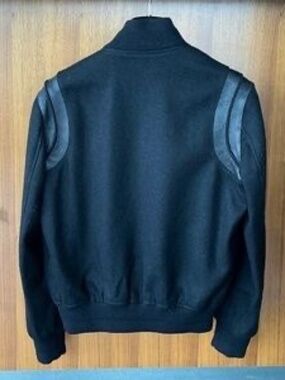 Saint Laurent Black Wool Bomber Jacket with Leather Trim. 100% Authentic